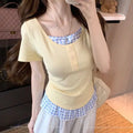 Summer Plus Size Women's New Commuter Style Fake Two-Piece Color-Contrast Spliced Plaid Round Neck Short Sleeve T-Shirt