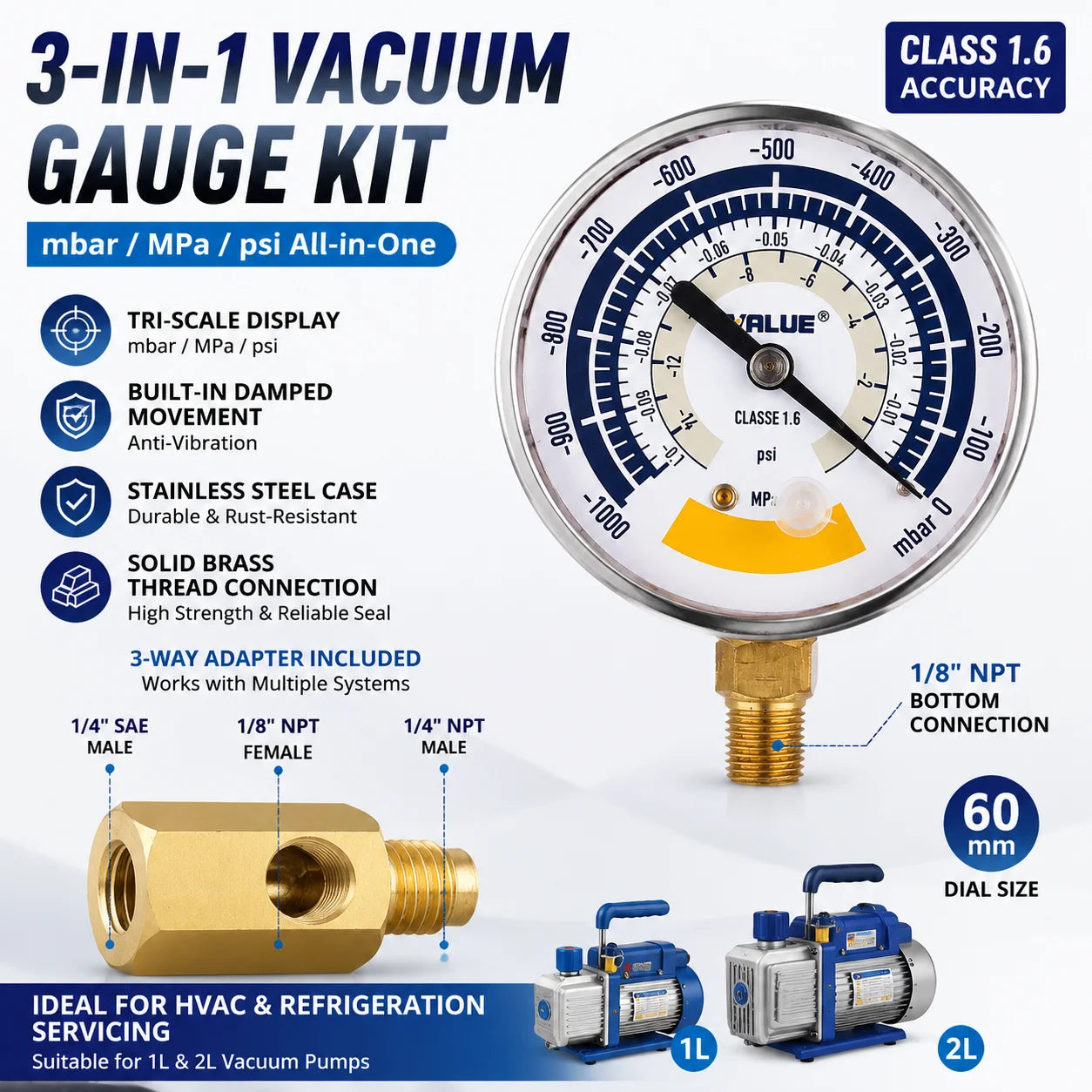 Accurate Vacuum Negative Pressure Gauge 0-14psi 60mm Dial Display G1/8 NPT1/8 Connector for Vacuum Pump AC Fridge Repair