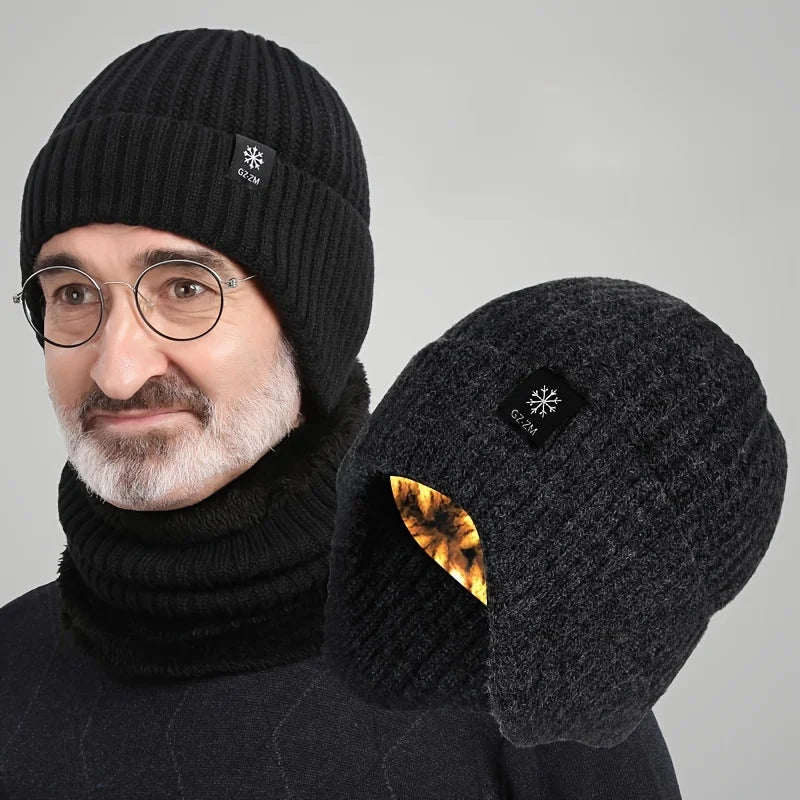 Men's Winter Thermal Faux Fur Lined Beanie with Ear Flaps, Thicken Knitted Cap for Windproof Skiing, Hiking, Cycling Bomber Hats