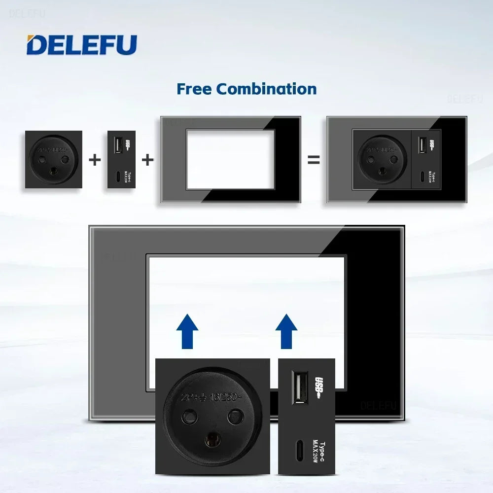 DELEFU Black Tempered Glass Israel USB Type C Fast Charging Wall Socket Light Tuya Wifi Smart Switch Sat TV Tel Doorbell Curtain