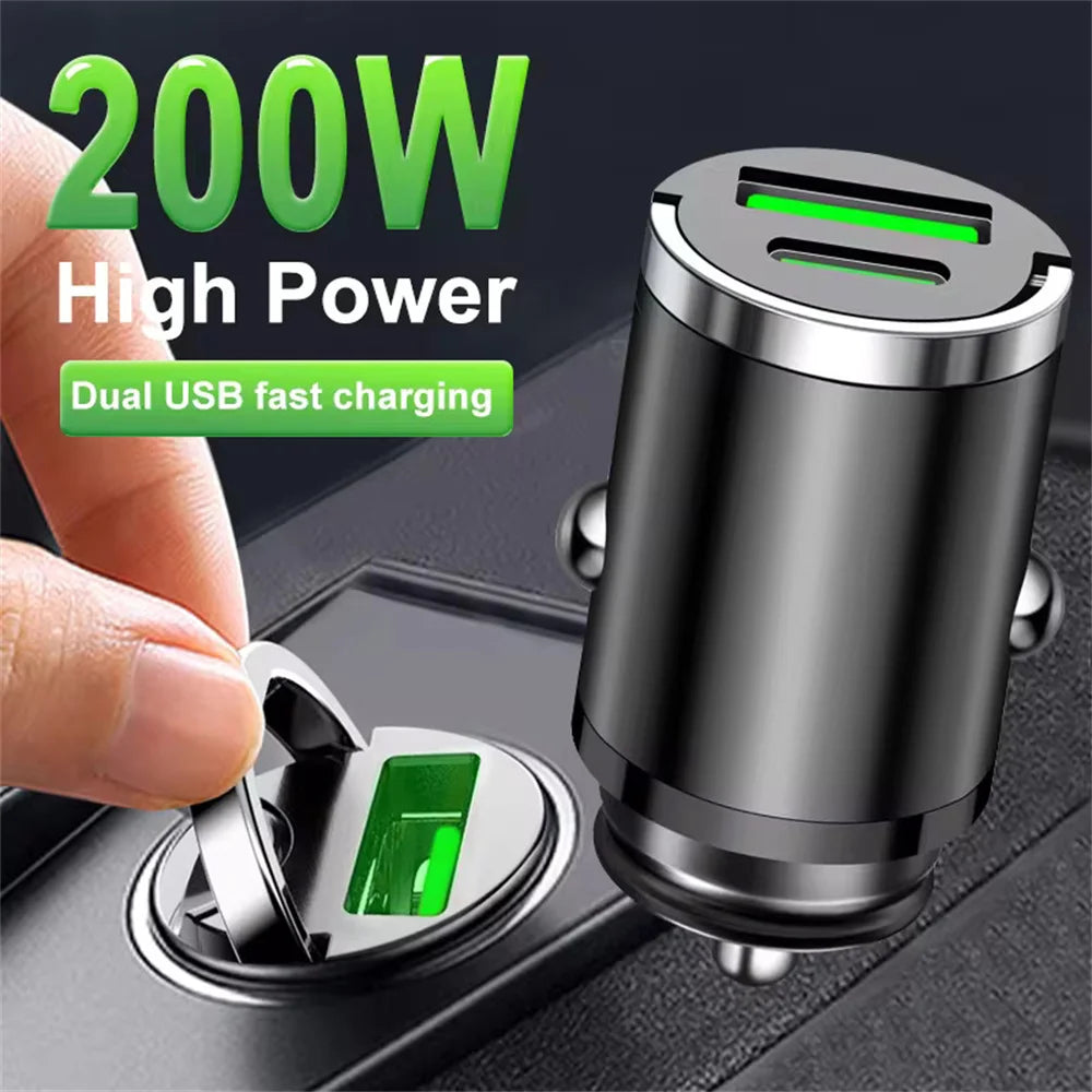 200W Mini Car Charger Fast Charging for iPhone QC3.0 Mini PD USB Type C Car Mobile Phone Charger for Xiaomi Samsung Huawei