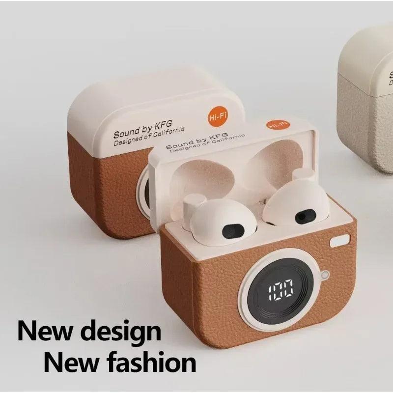 Q86 Retro Camera Wireless Earbuds Semi-In-Ear Earphones with Screen Digital Display and Gaming Low Latency