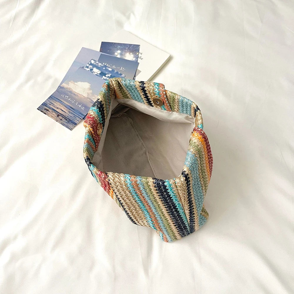 Colorful Striped Woven Clutch Bag for Ladies Summer Beach Vacation Casual Rectangle Handbags Versatile All-Match Phone Bags