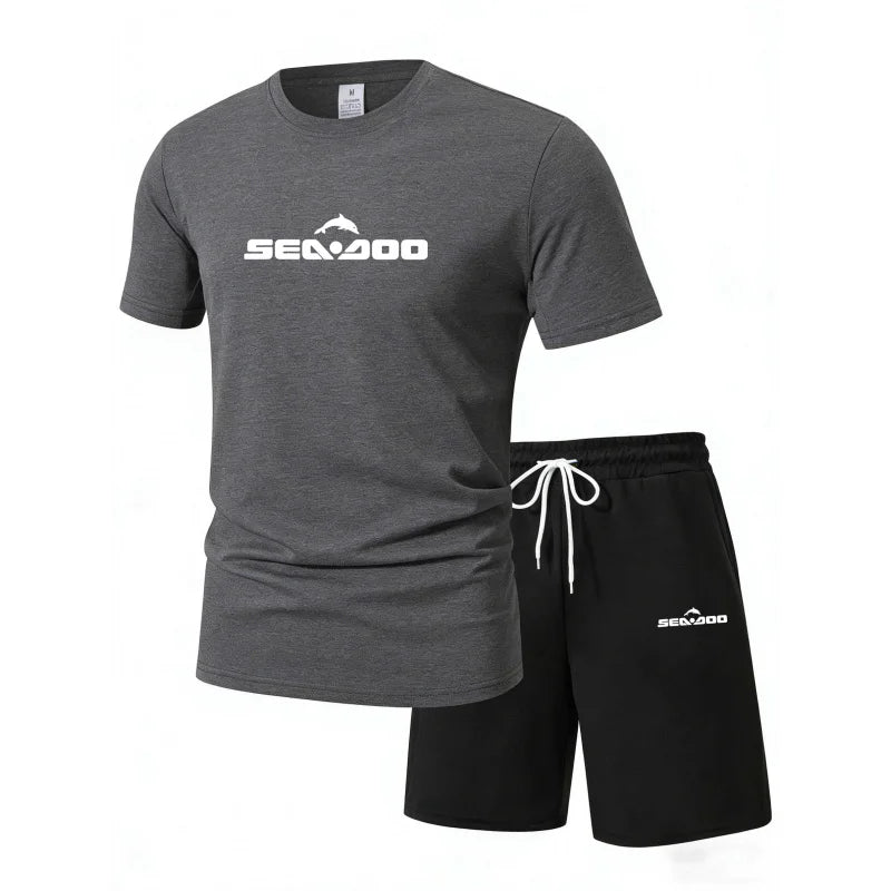 Sea Doo Seadoo Moto Printed Men's Running T-Shirt And Shorts Set Casual Elastic round Neck Sports Suit Quick Dry Comfortable