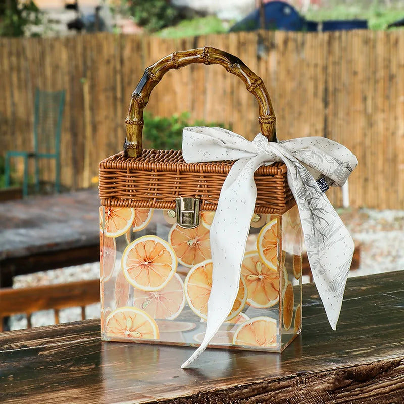 BEACH Summer Transparent Acrylic Box Printing Square Bag Bamboo Woven Handmade handle Gift Box Handbag Women Holiday Vacation