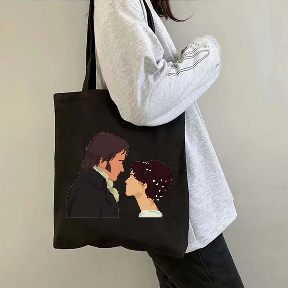 More Pride Less Prejudice Jane Austen Pride Prejudice Elizabeth Darcy Book Bennet Cartoon Shopper Canvas Tote Bag Cotton Handbag