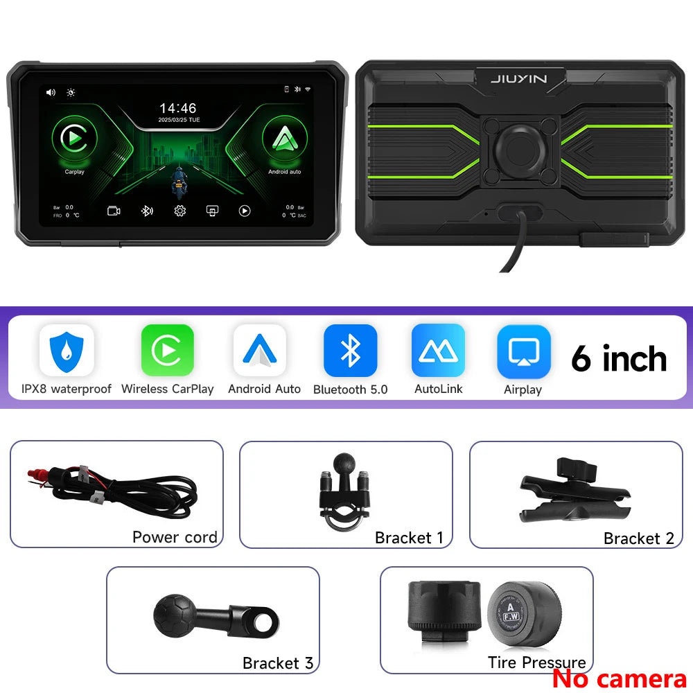 6 Inch Motorcycle 2K HD Multimedia Player GPS Navigation Wireless Carplay Android Auto IPX8 Waterproof Touch Screen Bluetooth