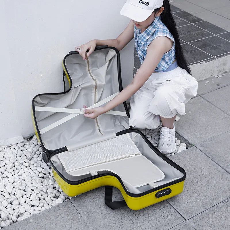 New Suitcase for Kids Wooden Horse Sit to Ride on Luggage with 360° Swivel Wheel 20/24 inch Small Travel Suitcase Boardable