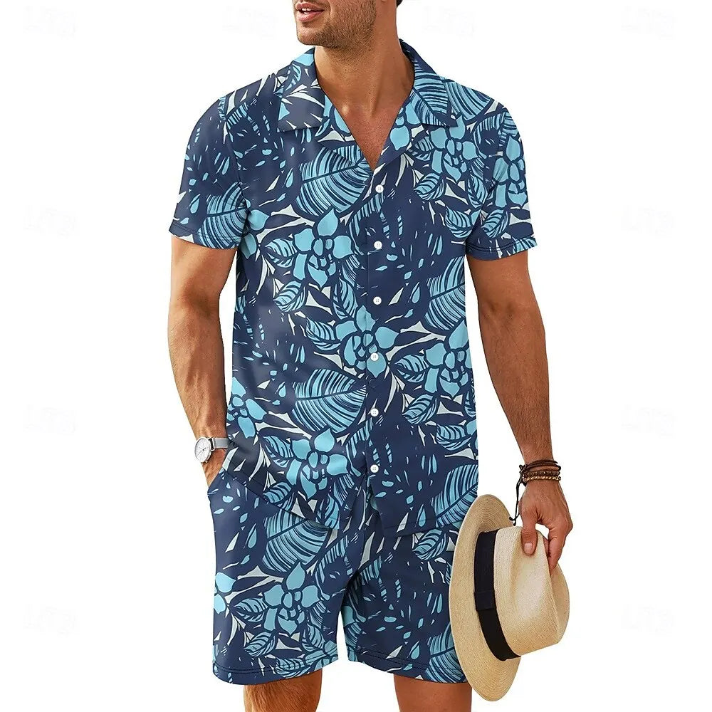 Men's Summer Shirts Set Fashion Plant 3D Print Short Sleeve Top +Shorts 2 Piece Hawaiian Beach Vacation Suit Casual Loose Outfit