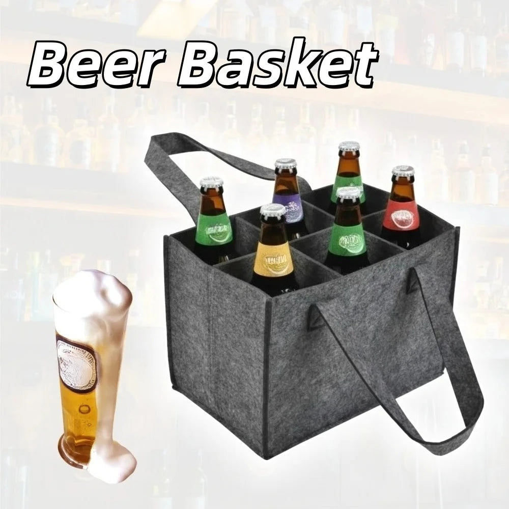 6 Bottles Felt Beer Beverage Holder Bag Protective Beer Storage Basket Washable with Carry Handle Car Beer Bottle Carrier