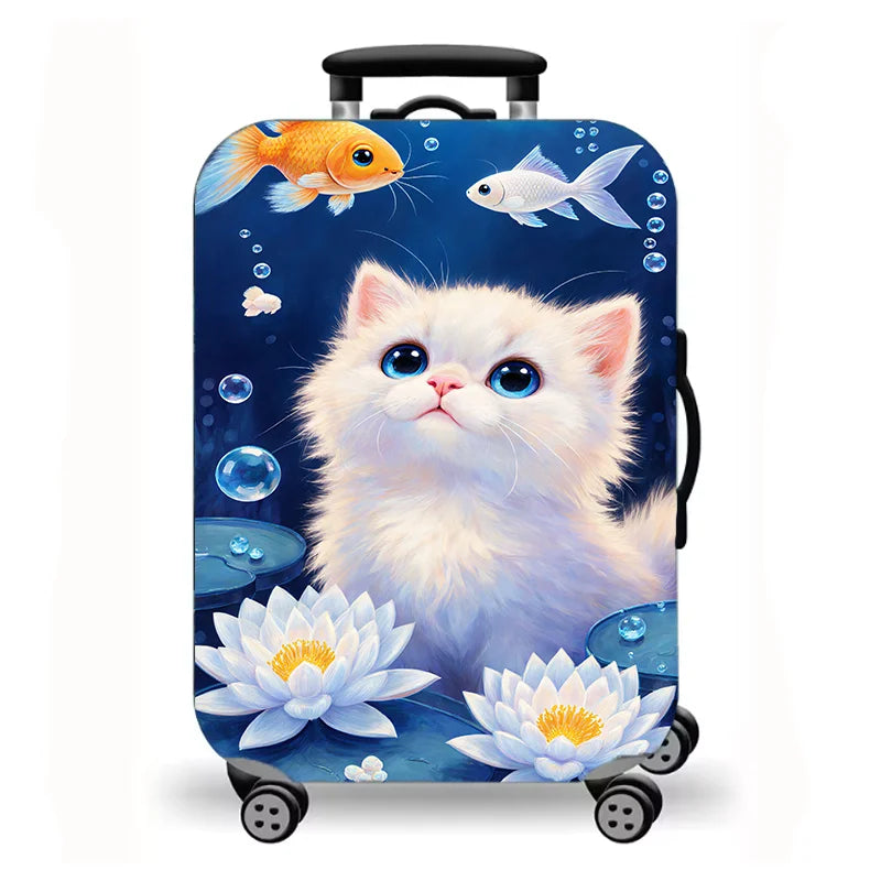 Luggage Cover, Cute Cat Kitten Floral Starry Night Print Stretch Suitcase Protector, Washable Anti-Scratch Travel Baggage Cover