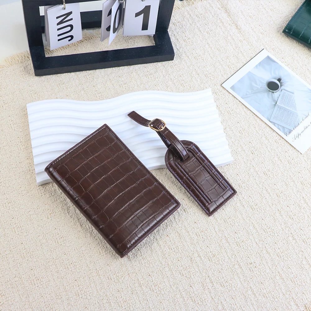 Customized Name PU Leather Crocodile Skin Pattern Luggage Tag + Passport Holder Set for Luggage Bag Accessories