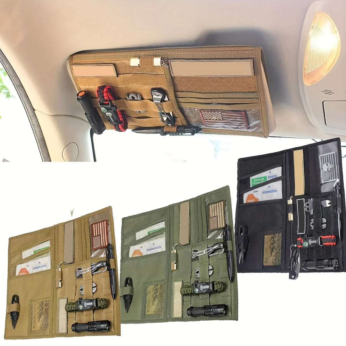 Car Sun Visor Storage Bag Double-Sided Storage, Tactical Army Outdoor Design, Perfect for Pickup Trucks & Large Vehicles