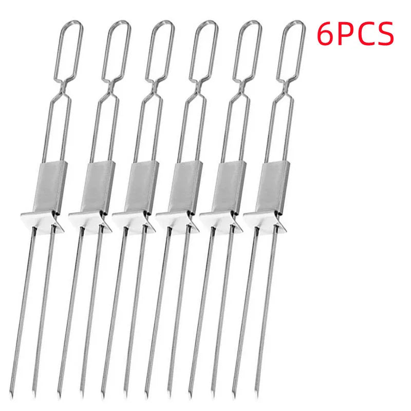 2-6PCS Semi-automatic Barbecue Fork BBQ Tools Outdoor Portable Camping Picnic 2-Head BBQ Fork Equipment Metal Skewers Forks