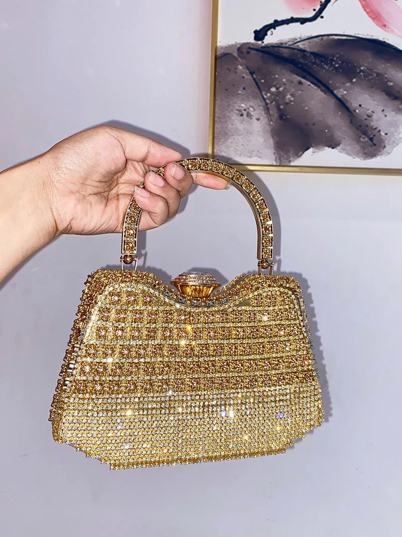 Trendy Gold Rhinestone Bag Fashionable Full Diamond Hand-Held Party Dinner Bag with Polyester Lining