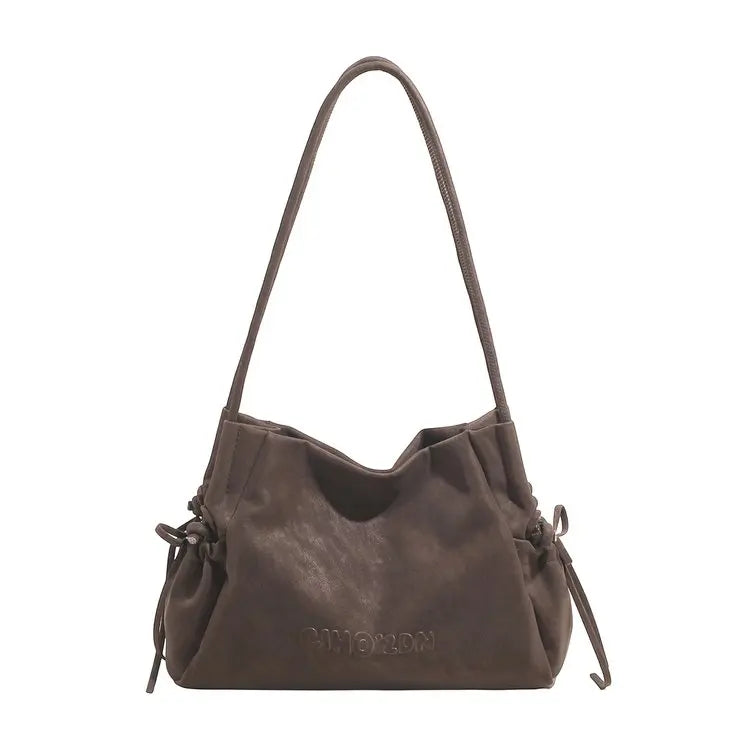 Soft Leather Drawstring Shoulder Bag, Minimalist Tote Purse with Embossed Lettering, Lightweight Daily Casual Use Clutch Bag