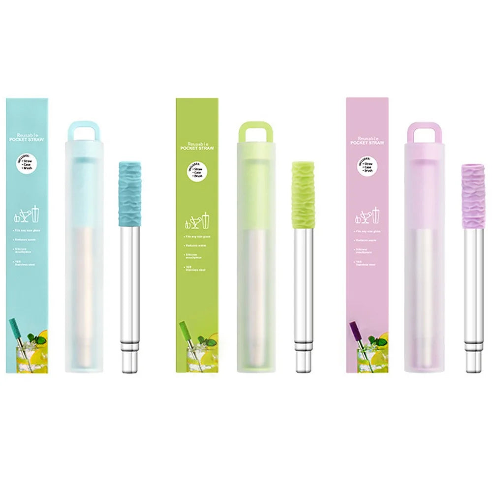 Reusable Straws Collapsible Stainless Steel Drinking Straw With Cleaning Brush Portable Straw For Travel Outdoor