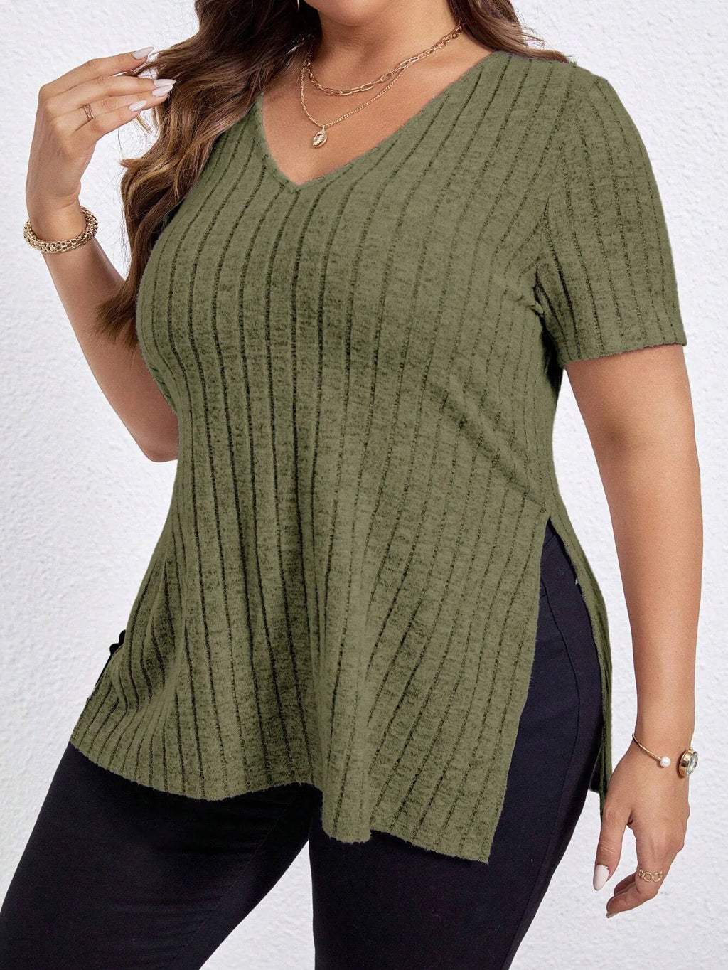 Women'S 1XL-5XL Plus Size T Shirt Summer Solid Color Large Women's Tops V-Neck Pit Striped Short Sleeve Split Loose Black Shirts