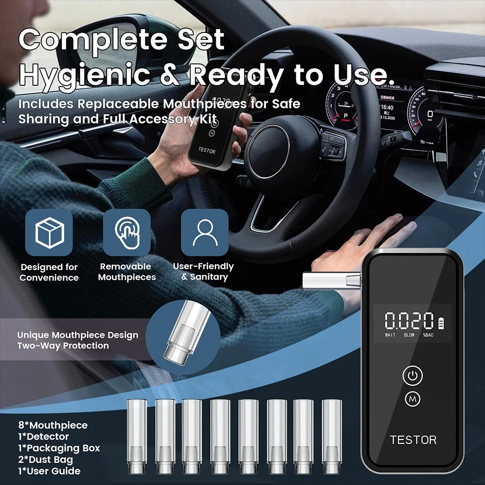 New 2025 Powered with 8 Mouthpieces for Driving Social Safety Upgraded Alcohol Tester 10s Fast & 99.9% Accurate Portable Battery