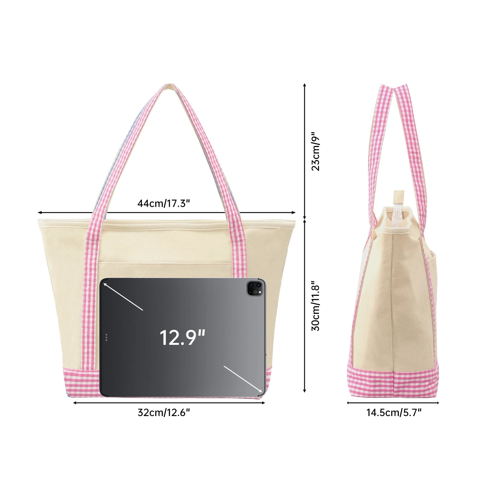 Gingham Canvas Tote Bag For Women Summer Beach Bag With Zipper Closure Roomy Interior Pink/Blue Large Capacity Shopping Bag