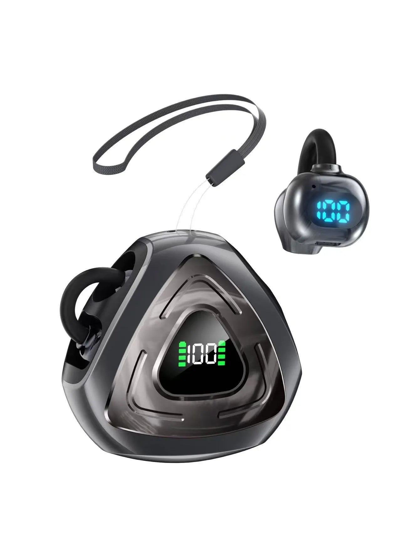 Trendy open-style ear clip earphones with Bluetooth 5.4 and charging case featuring high-definition digital display, small sound