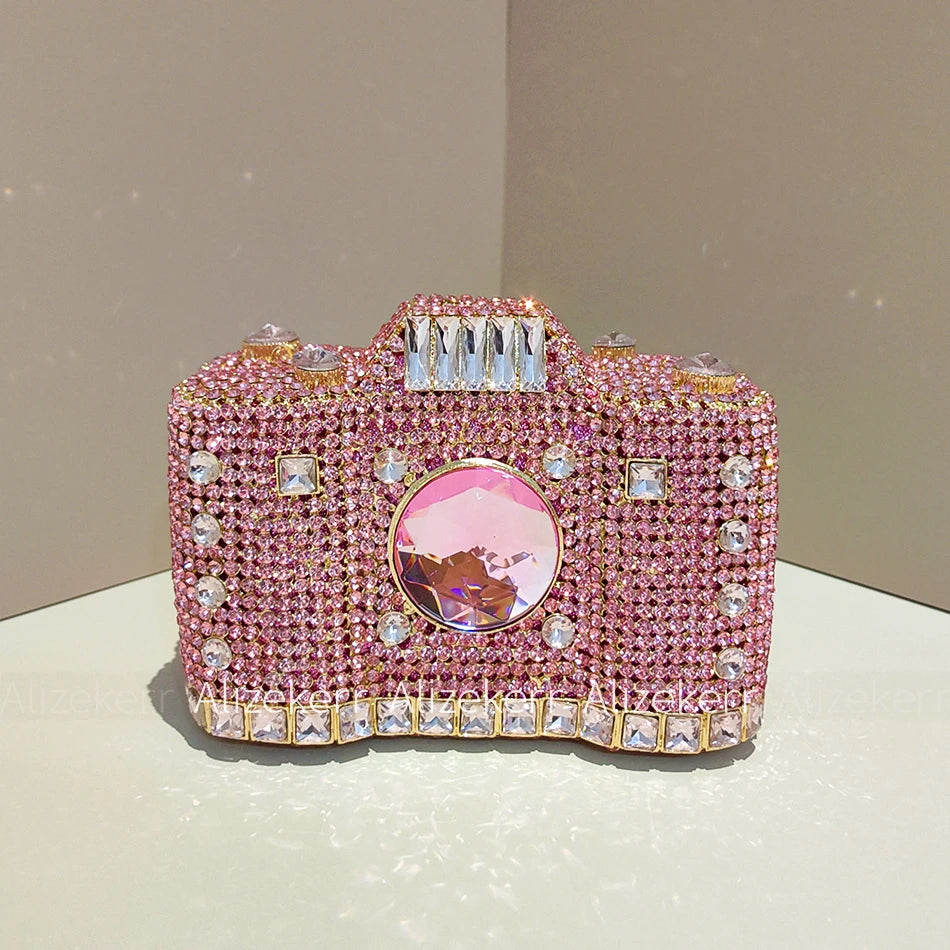 Camera Shaped Diamond Evening Clutch Bags 2024 New Boutique Novelty Metallic Rhinestone Purses And Handbags Bridal Wedding Party