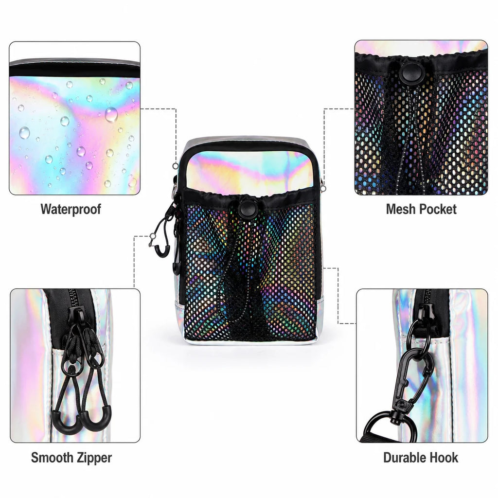 Holographic Crossbody Phone Bag Waterproof Small Shoulder Bag with Front Mesh Pocket Casual Travel Mini Messenger Pouch for Wome