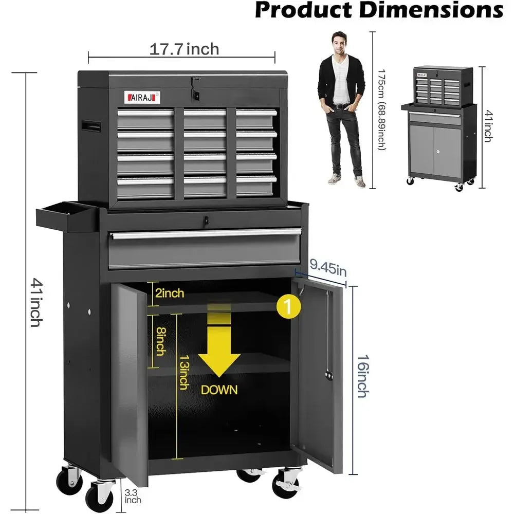 40-Inch Rolling Tool Chest with Detachable Top, Portable Cabinet for Workshop and Garage Storage, Black