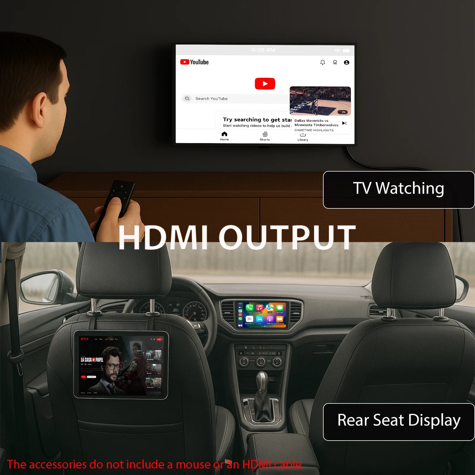 Wireless CarPlay Adapter – Android Auto AI Box SW12 Lite with Netflix, YouTube, Hulu, App, Dual-Band WiFi 6, Bluetooth, HDMI