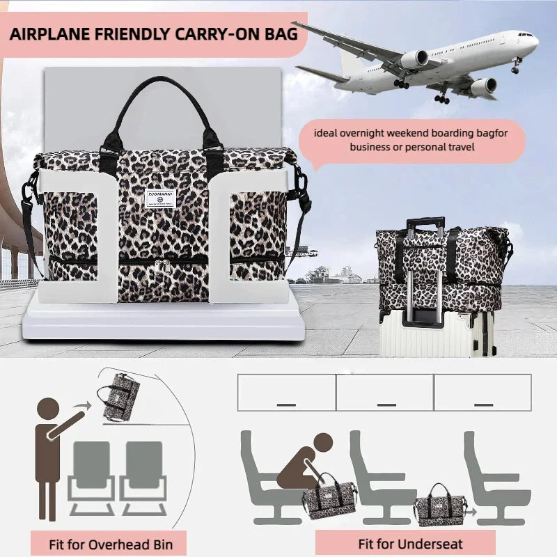 2pcs Set - Large Capacity Travel Duffel Bag with Shoe Compartment and Cosmetic Pouch Casual Nylon Gym Bag Weekend Overnight Bag