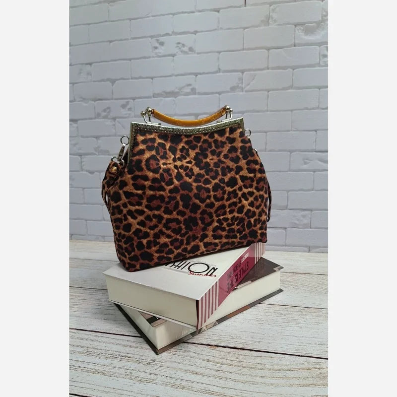 Lost in Vintage Leather Leopard Print Bag Kisslock Bag Purse Shoulder Cross Bags Metal Frame Clutch Detachable Chain 33x23x8cm