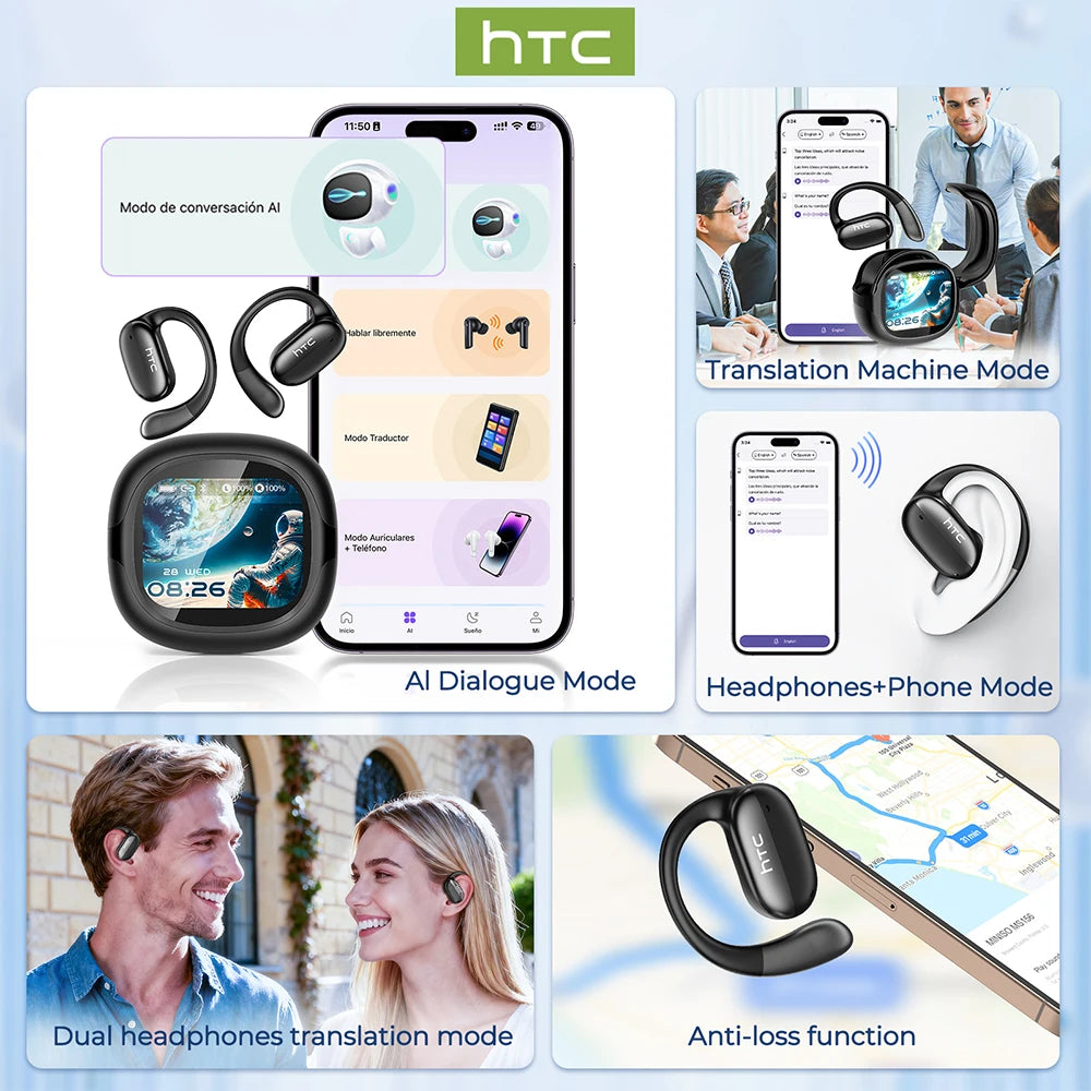 HTC NE58 Wireless Earphones Bluetooth LED Touch Screen AI Translate Earbuds HiFi Sound HD Call With Mic Bone Conduction