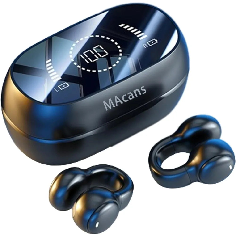 Open Ear Clip Wireless Earbuds Air Conduction Headphones BT 5.3 LED Display Sport Earphones for Running Gym Workout Type C Black