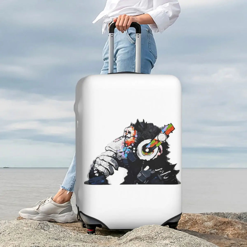 Banksy DJ Monkey Thinker With Headphones White Suitcase Cover Protection Elastic Travel Luggage Protector Covers for 18-32 Inch