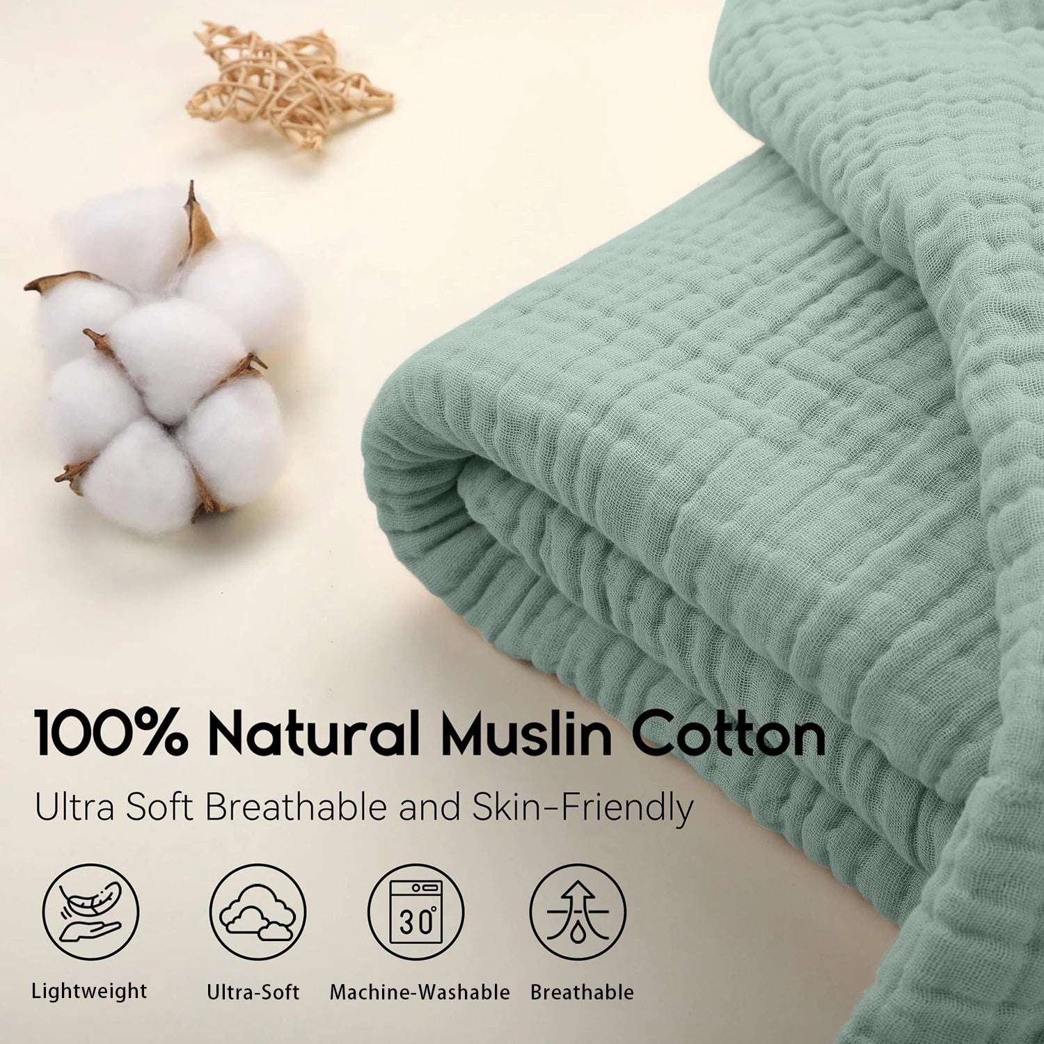 Battilo 100% Cotton Muslin Throw Blanket for Sofa 6-Layer Lightweight Breathable Boho Throws for Couch Bed Large Summer Blanket