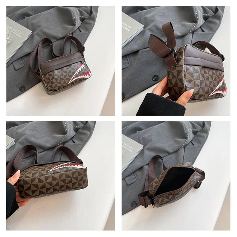 Trendy Shark Mouth Small Square Bag Men Women  Retro Printed Single Shoulder Crossbody Bag Street Hip Hop Leisure Small Bag New