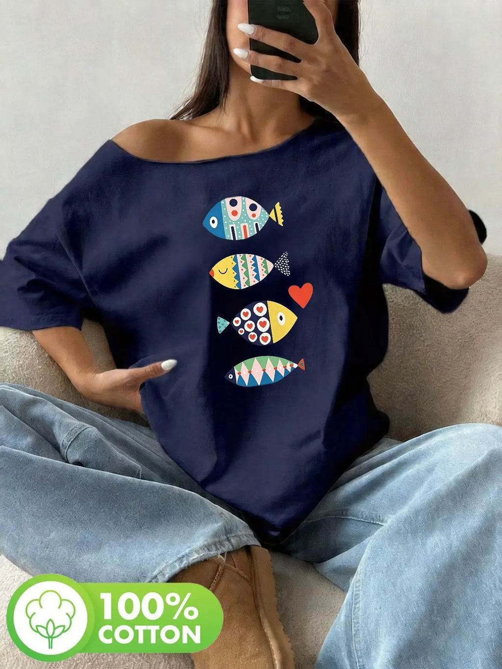 Plus Size Vertical Colorful Geometric Fish Pattern Print T-Shirt Oversized Y2K Style Graphic Tees Women Tops Summer Off The S