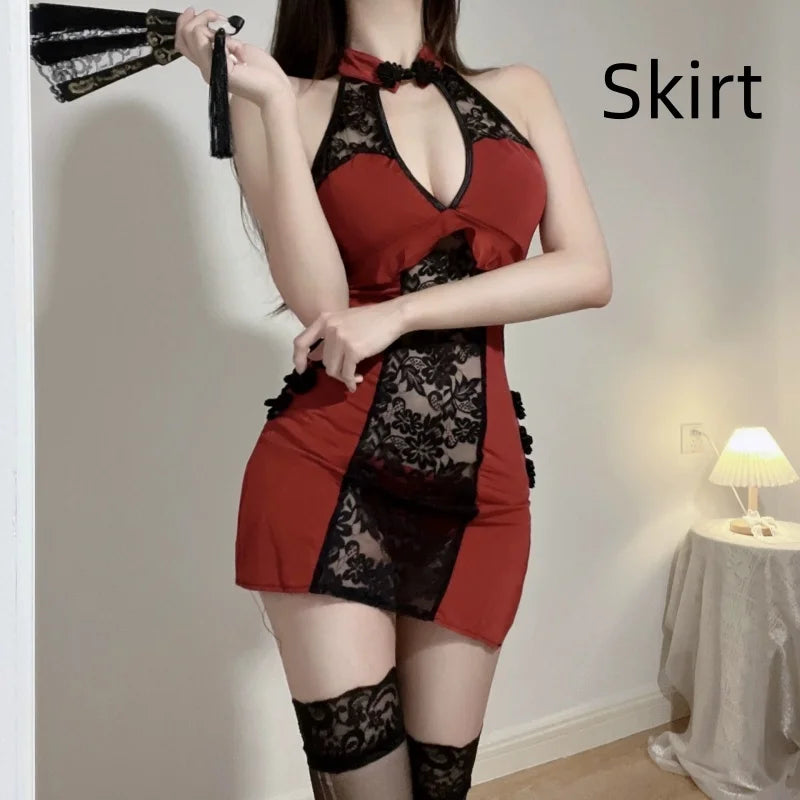 Sleeveless Gauze Temptation Flirtatious Cheongsam Uniform Seductive Erotic Lingerie Female Deep V Lace Hot Slit Nightgown Suit