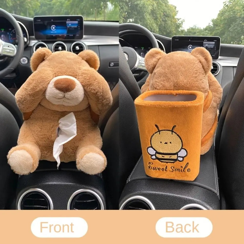 Plush Bear Car Tissue Box 2-in-1 Car Tissue Box and Trash Can Cute Napkin Tissue Paper Holder Creative Car Armrest Tissue Case