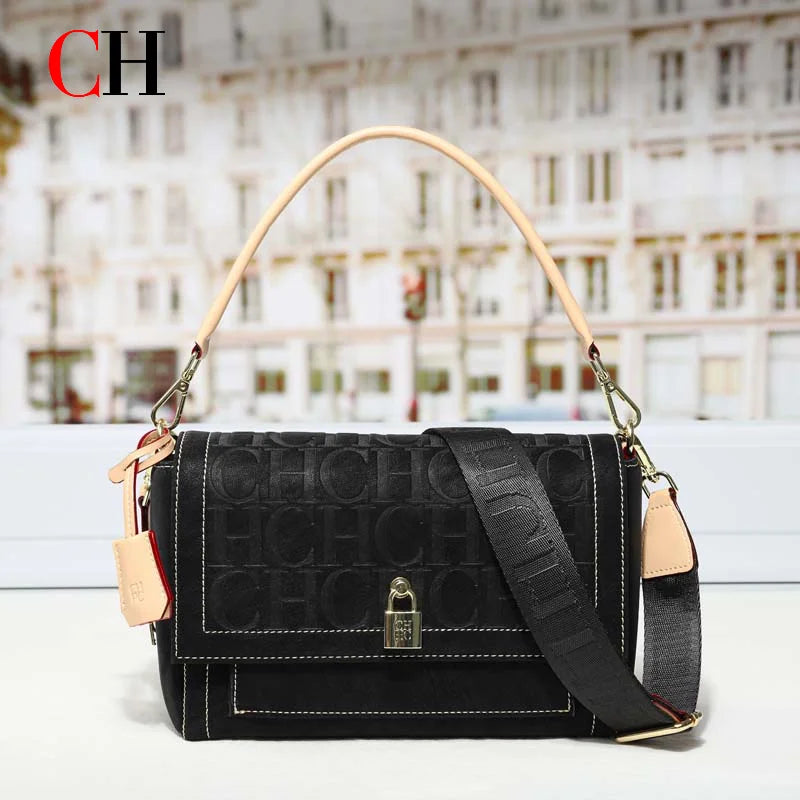 CH Embossed Flap Crossbody Bag Women 2 Detachable Straps Wide Shoulder Strap Designer Lock Leather Messenger Handbag
