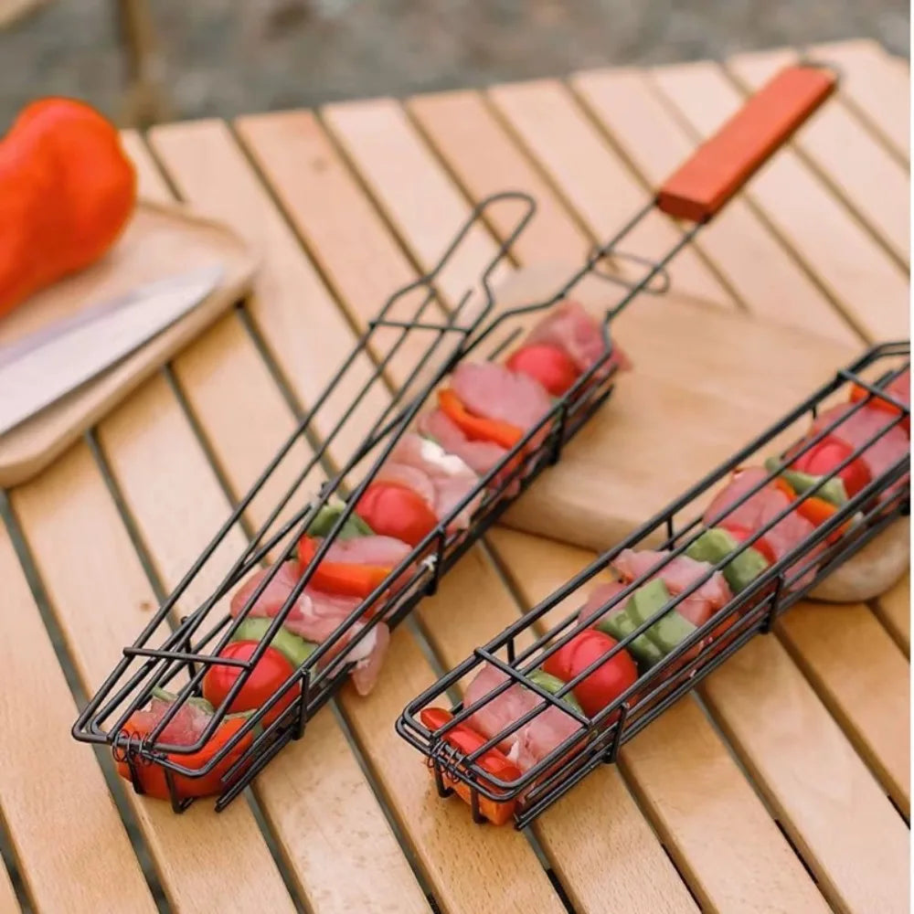 Camping Grill Grate Foldable BBQ Grill Basket Duty Non Stick Mesh Tray Wooden Handle Accessories for Sausage Fish Vegetables BBQ