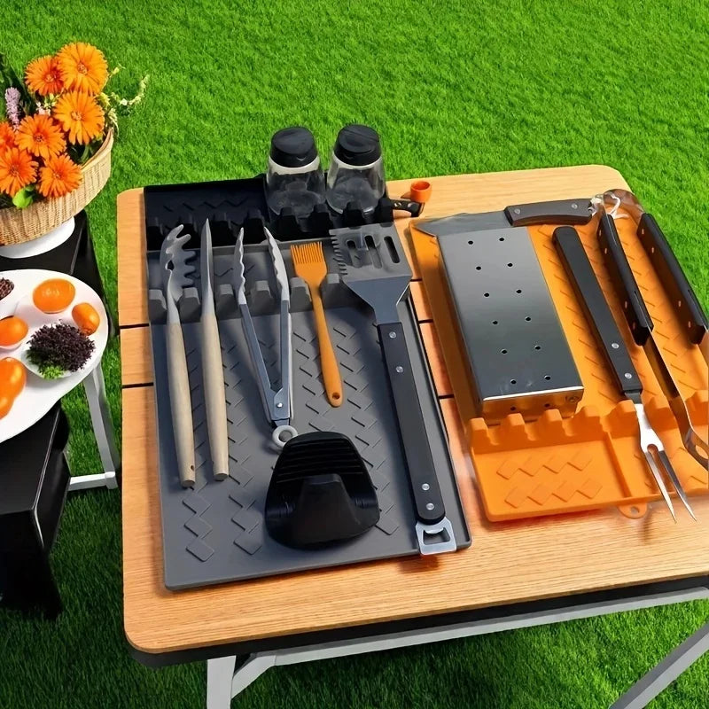 Silicone  Mat for Side Burner Rack Kitchen Utensil Storage Holder Outdoor Grill Countertop Silicone Pad with Drip Tray