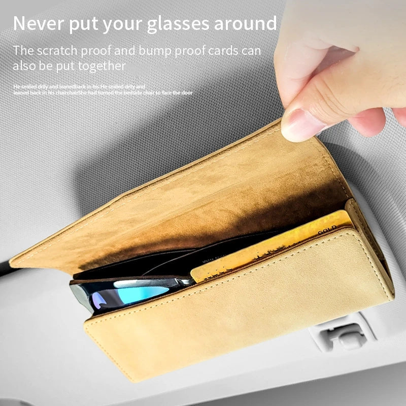 Car Sun Visor Sunglasses Case Clip Hanger Fastener Sunglasses Holder Suede PU Leather Card Ticket Storage Box Eyeglasses Holder