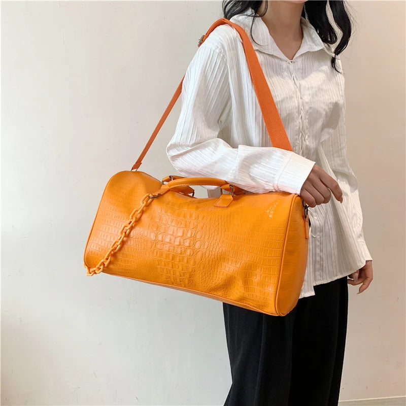 Solid PU Lightweight Large Capacity Women's Travel Bags Fashionable Sweet Fitness Handbag Short Distance Shoulder Luggage Bag