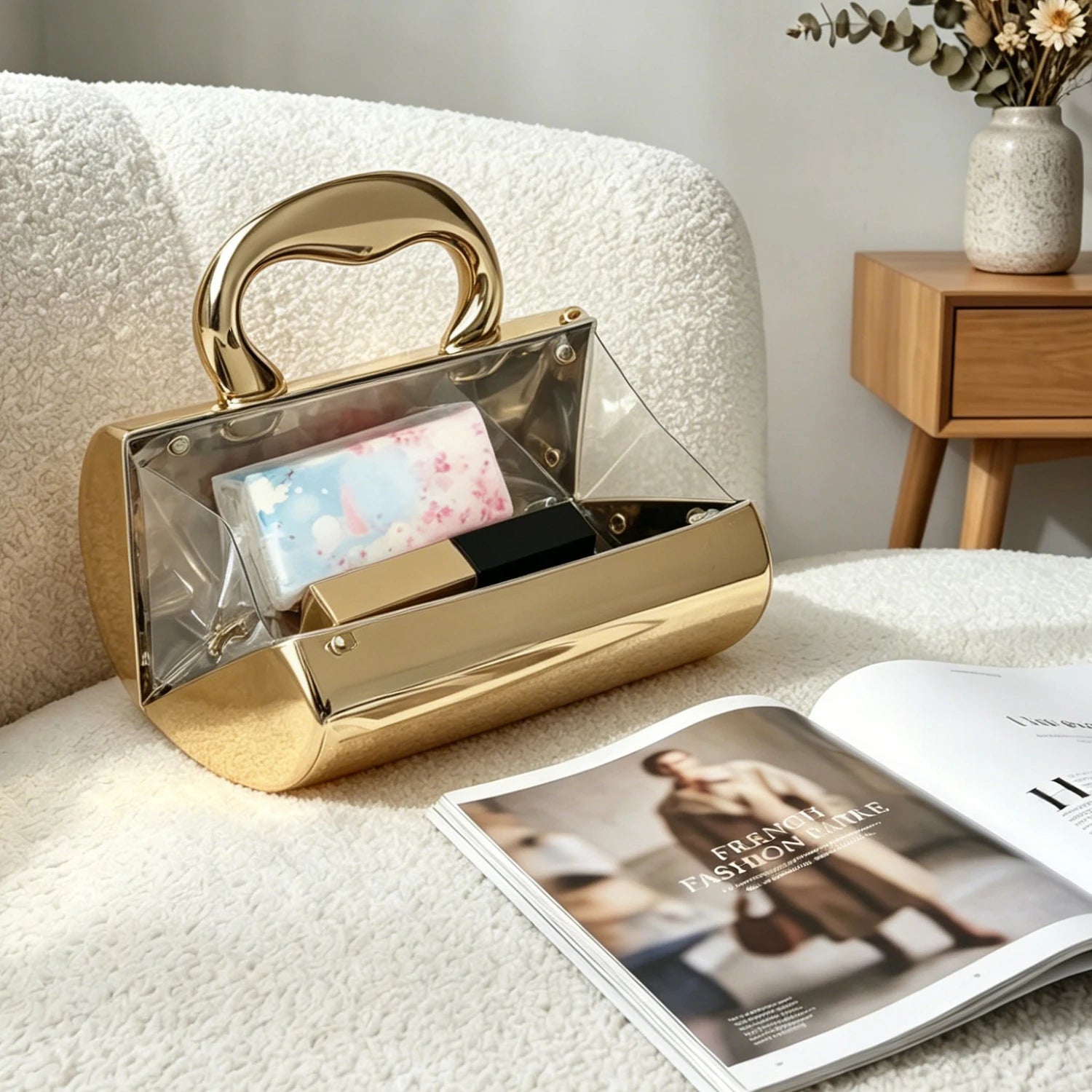 Women's stylish mini clutch bag made of gold cylindrical acrylic with a chain strap suitable for parties weddings and banquets