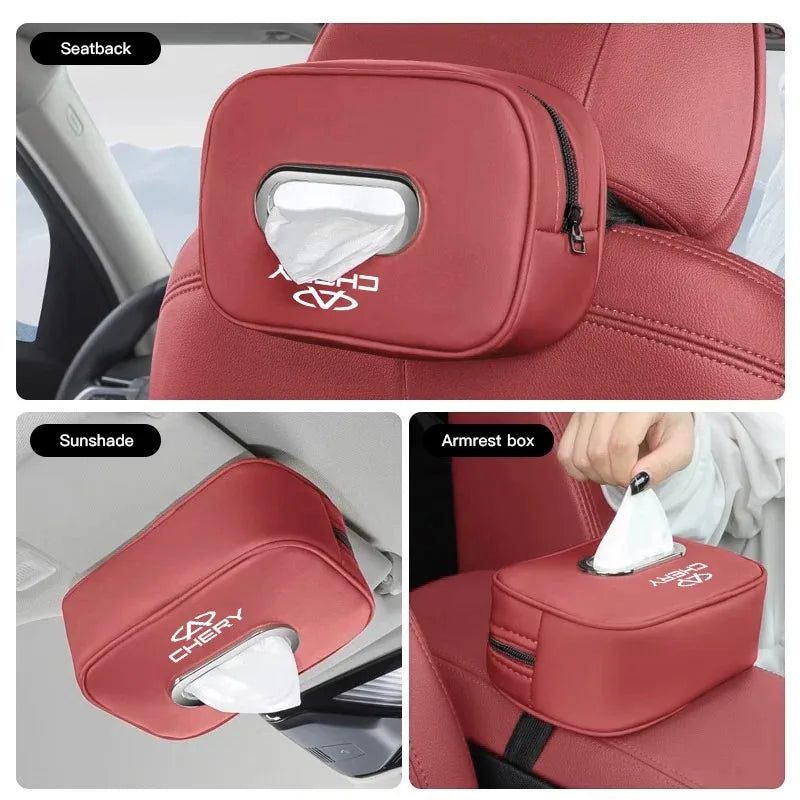 Leather Car Tissue Box For CHERY PU Leather Hanging Tissue Bag Sun Visor/Seat Back/Armrest Mounted Paper Towel Storage For CHERY