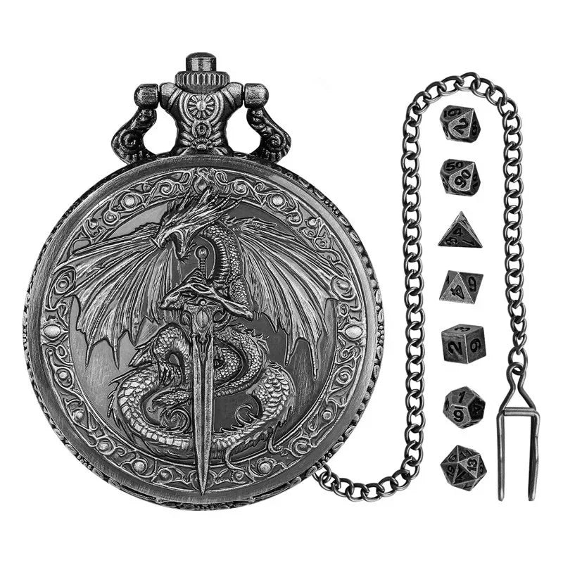 Flying Dragon Pocket Watch Case Pendant Chain 7-Piece Set Micro DND Metal Polyhedral Dice
