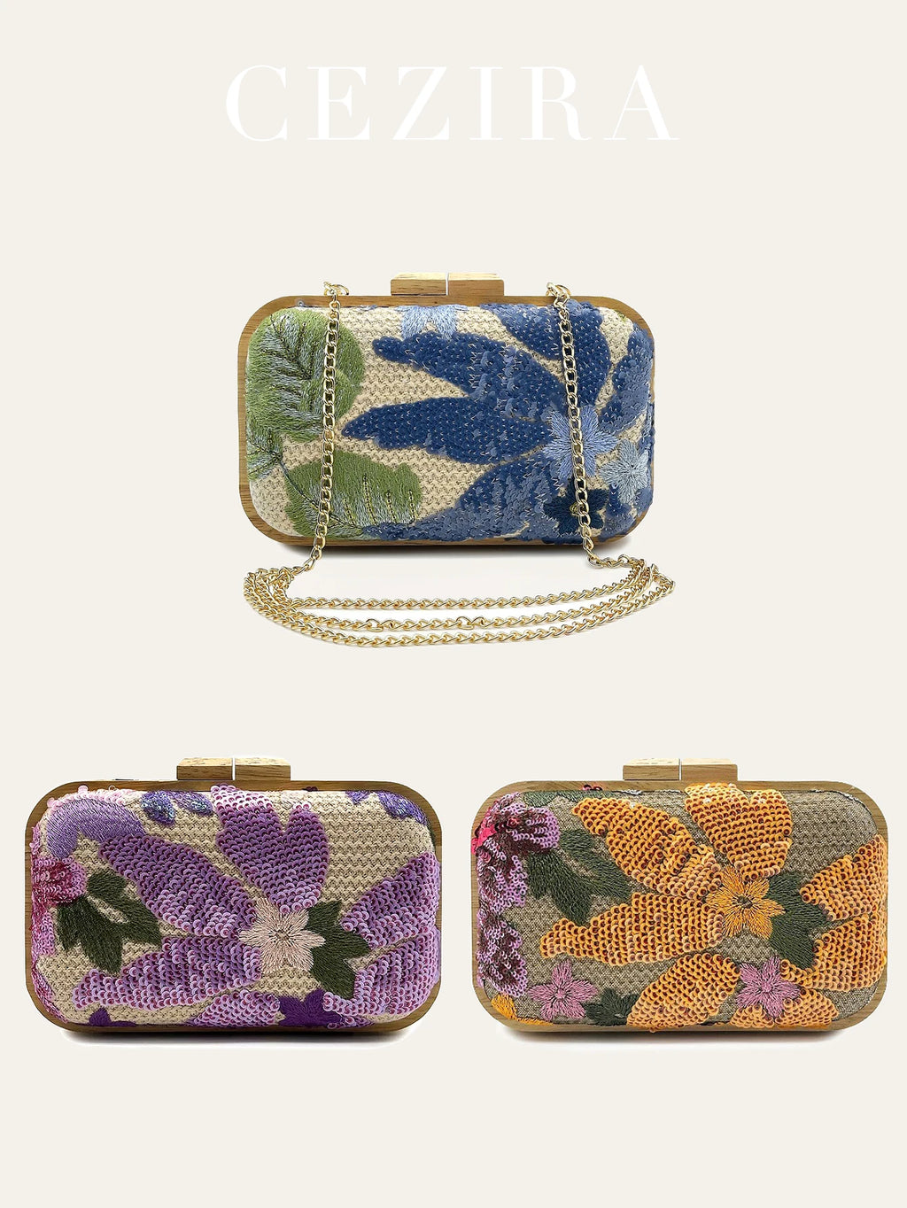 Women's Fashion Wood Kiss Lock Straw Woven Handbag Random Floral Pattern Sequined Embroidery Clutch Bag Long Chain Purse Travel