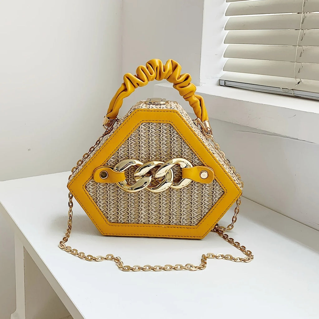 Patchwork Straw Carry-on Women's Bag Fashion Chain Diagonal Bag Summer Texture Chain Bag Woven Carry-on Box Bag