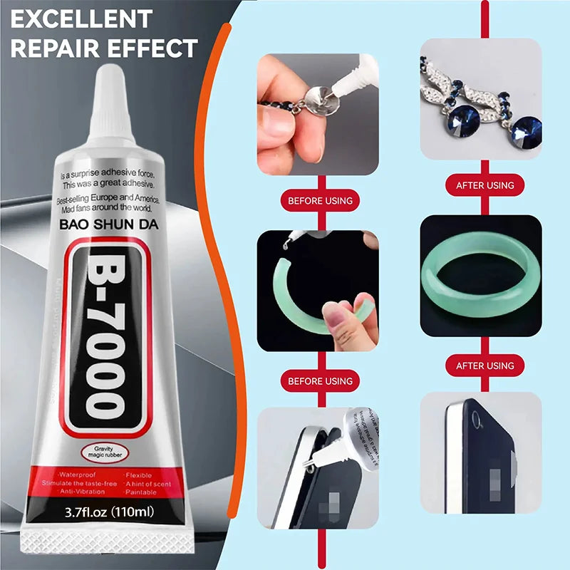 15ML 50ML 110ML B-7000 Clear Contact Universal Glass Plastic DIY Glue B7000 with Precision Applicator Glue B-7000 Mobile Phone Screen High-Strength Waterproof Adhesive Includes precision tweezers.